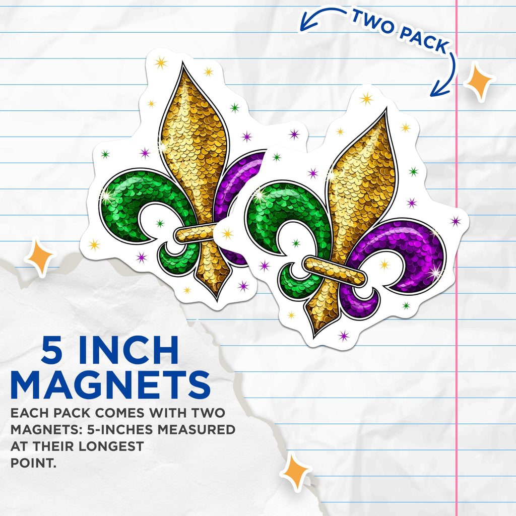 (2 Pack) Fleur De Lis Magnets - Mardi Gras Symbol - Celebration Magnets - 5" On Longest Side - Premium Magnet - for Cars, Refrigerators, Toolboxes, Lockers - Made in USA - MAG16172