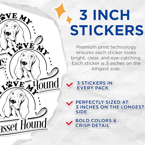(3 Pack) Basset Hound Decals - Dog Breed Stickers - I Love My Basset Hound - Laptop Decals - 3 Inches On Longest Side - Easy Peel & Apply - Made in USA - 3MCS1751