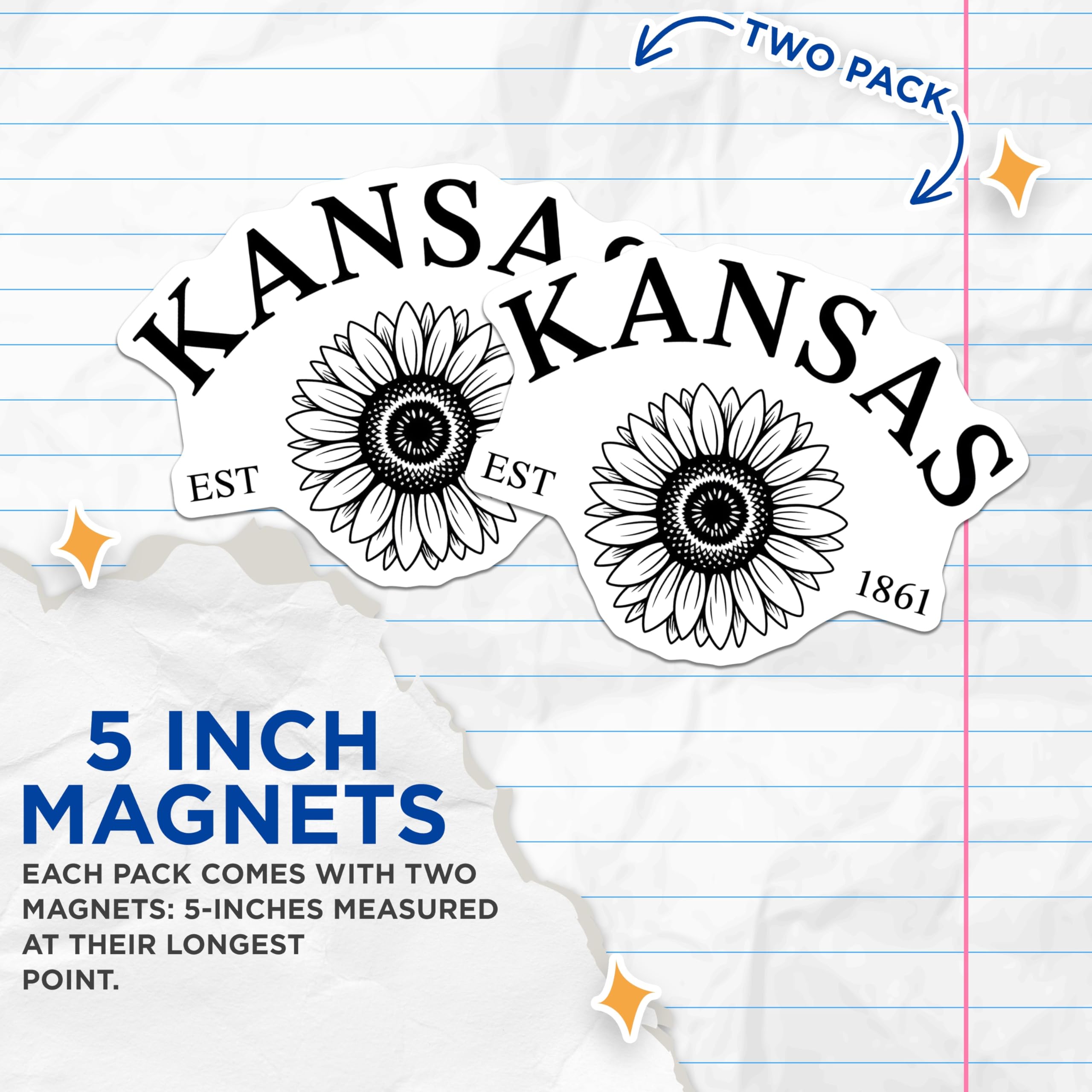 (2 Pack) Kansas Sunflower Magnets - State Pride - KS Established 1861 Refrigerator Magnet - 5" On Longest Side - Premium Magnet - for Cars, Refrigerators, Toolboxes, Lockers - Made in USA - MAG17249