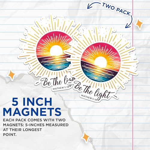 (2 Pack) Be The Light Magnets - Inspirational Bible Verse Magnets - Sunburst Design Magnets for Home- 5" On Longest Side - for Fridges, Toolboxes, Cars - Made in USA - MAG2842