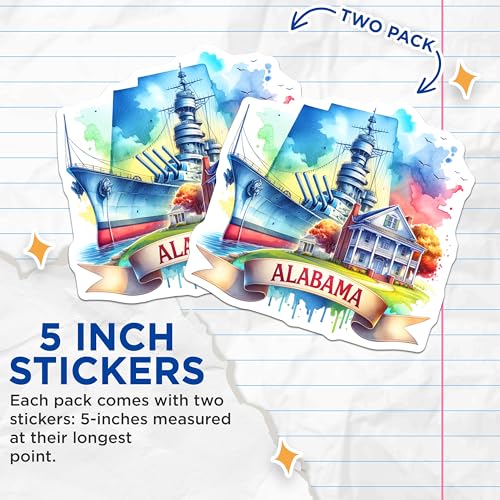 (2 Pack) Alabama Stickers - Vintage Ship Sticker - Southern Pride Sticker - 5" On Longest Side - Sticks to Smooth Flat Surfaces - Made in USA - BMCS6671