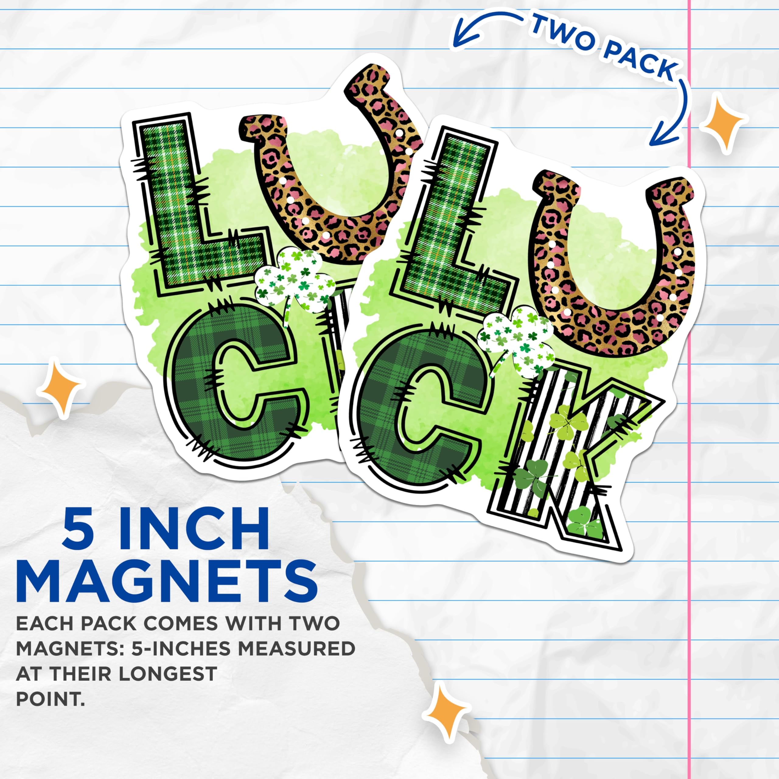 (2 Pack) St Patricks Day Magnets - Leopard Print Luck - Shamrock Clover Horseshoe Decor - 5 Inches On Longest Side - Thick Durable Magnet - Made in USA - MAG22178
