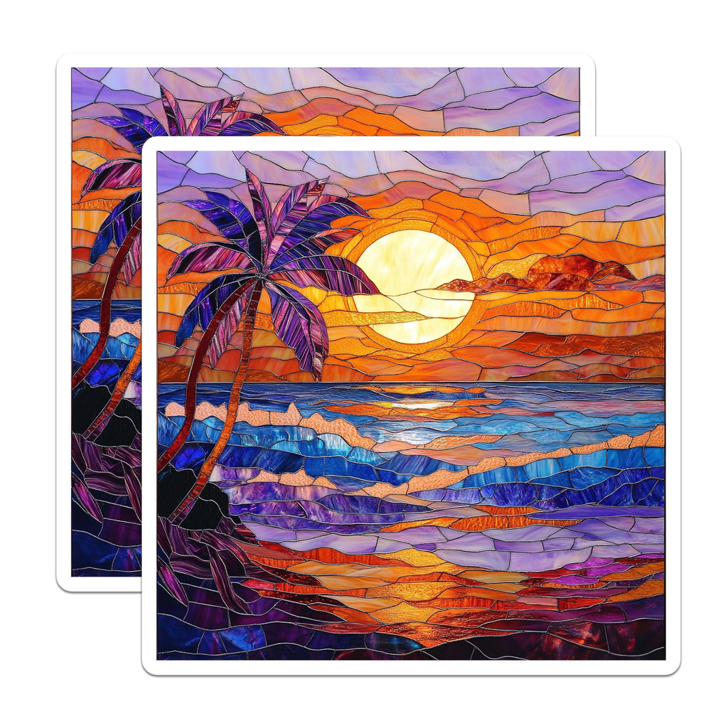 (2 Pack) Stained Glass Sunset Magnets - Tropical Beach Scene - Ocean Palm Tree Art - 5 Inches On Longest Side - Thick Durable Magnet - Made in USA - MAG27744