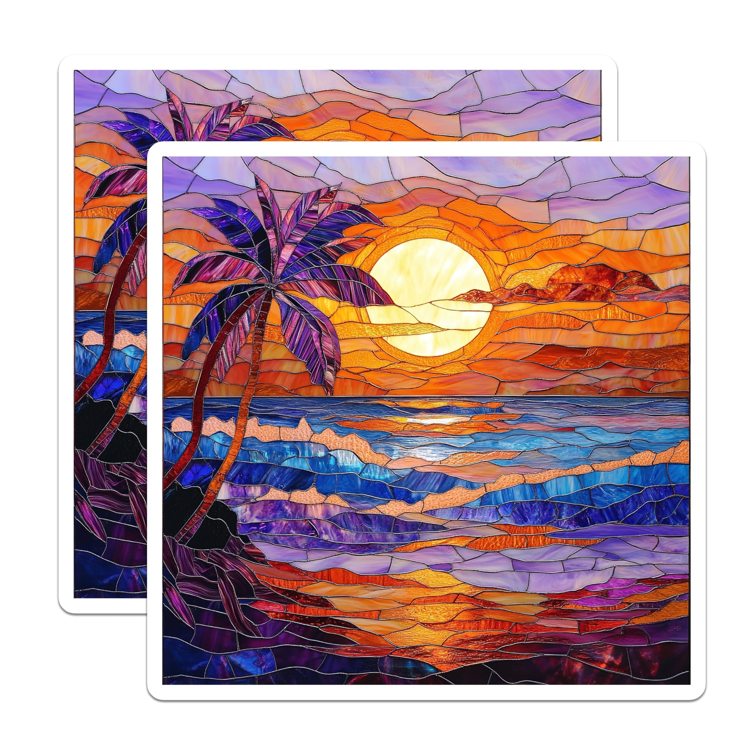 (2 Pack) Stained Glass Sunset Magnets - Tropical Beach Scene - Ocean Palm Tree Art - 5 Inches On Longest Side - Thick Durable Magnet - Made in USA - MAG27744