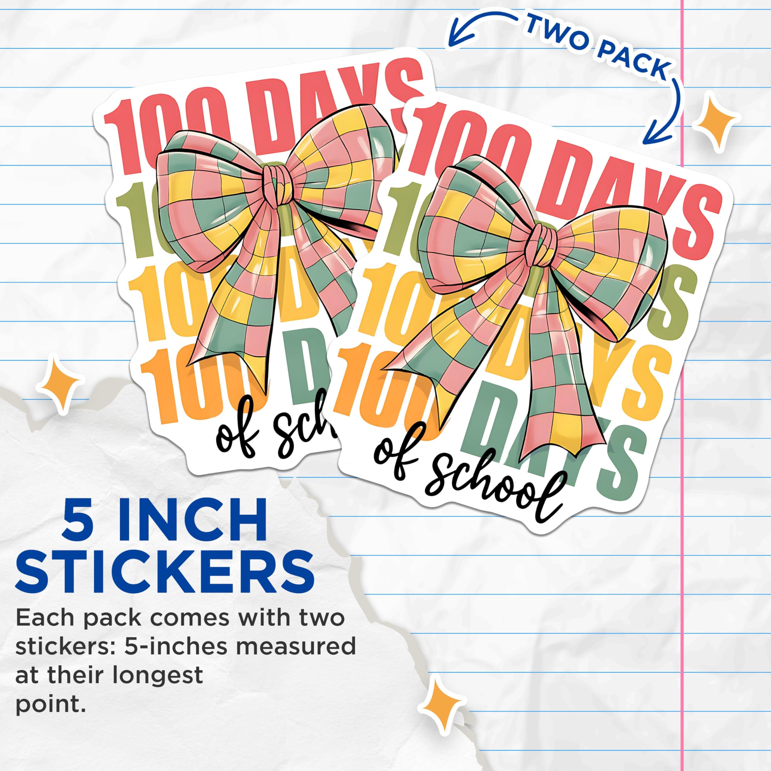(2 Pack) 100 Days of School Stickers - Colorful Checkered Bow Stickers - Classroom Celebration Stickers - 5" On Longest Side - Sticks to Any Smooth Flat Surface - Made in USA - BMCS3402