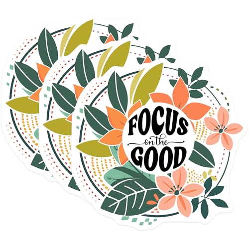 (3 Pack) Focus on The Good Decals - Floral Laptop Decal - Inspirational Positive Quote Stickers - 3 Inches On Longest Side - Easy Peel & Apply - Made in USA - 3MCS2635