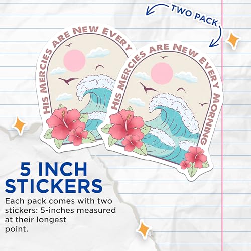 (2 Pack) His Mercies are New Every Morning Stickers - Inspirational Quote Stickers - Bible Verse Stickers - 5" On Longest Side - Sticks to Smooth Flat Surfaces - Made in USA - BMCS4084