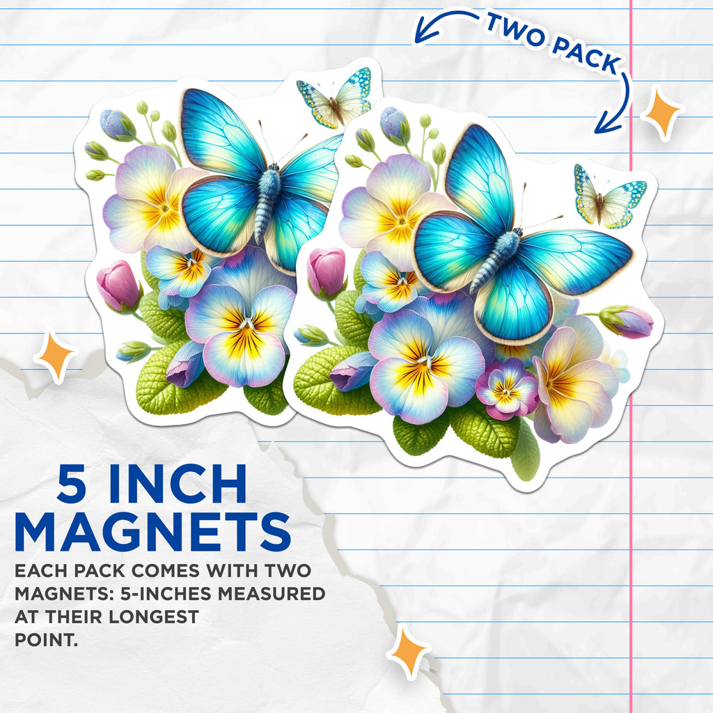 (2 Pack) Blue Butterfly Floral Magnets - Vibrant Pansy Decor - Spring Nature Aesthetic Kitchen - 5 Inches On Longest Side - Thick Durable Magnet - Made in USA - MAG38456