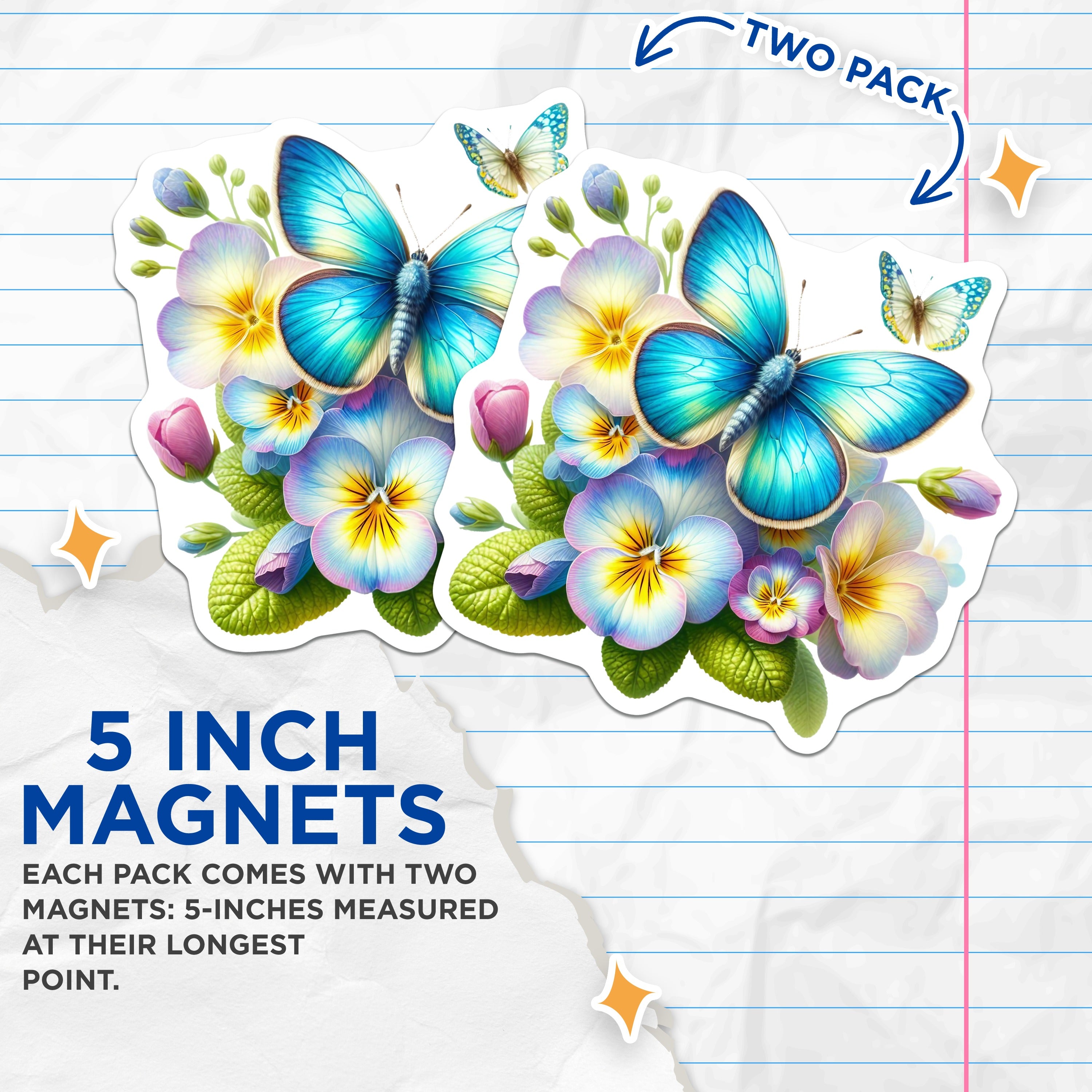 (2 Pack) Blue Butterfly Floral Magnets - Vibrant Pansy Decor - Spring Nature Aesthetic Kitchen - 5 Inches On Longest Side - Thick Durable Magnet - Made in USA - MAG38456