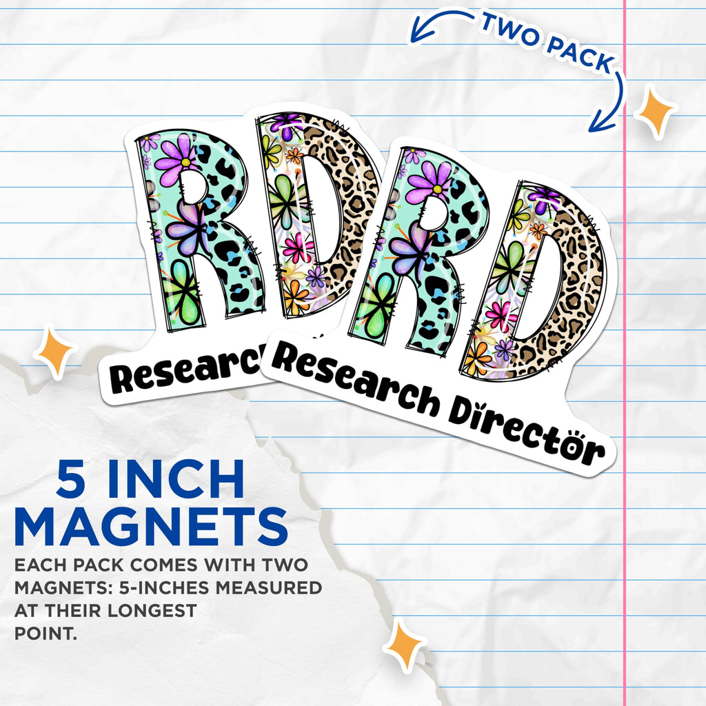 (2 Pack) Research Director Magnets - Floral Leopard RD Initials - Cute Job Title Decor - 5" On Longest Side - Premium Magnet - for Cars, Refrigerators, Toolboxes, Lockers - Made in USA - MAG16299