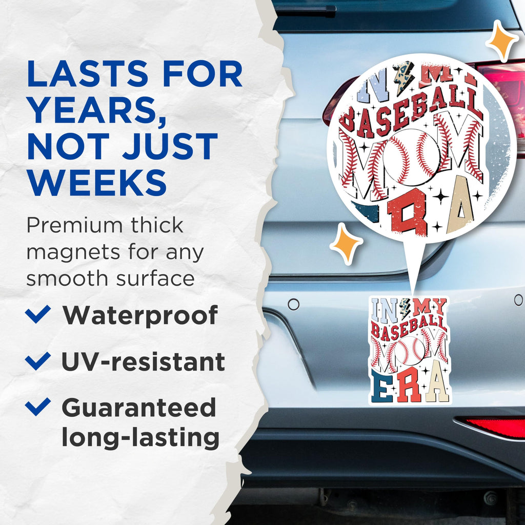 (2 Pack) In My Baseball Mom Era Magnets - Fun Sports - Baseball Mom Accessories - Mom Life - Sports Enthusiast - 5" On Longest Side - for Cars, Refrigerators, Toolboxes, Lockers - Made In USA BMCS3512