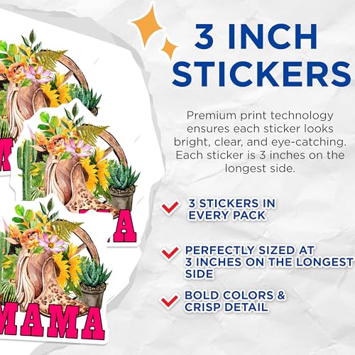 (3 Pack) Mama Western Decals - Cowboy Boot Stickers - Floral Laptop Decal - 3 Inches On Longest Side - Easy Peel & Apply - Made in USA - 3MCS4386