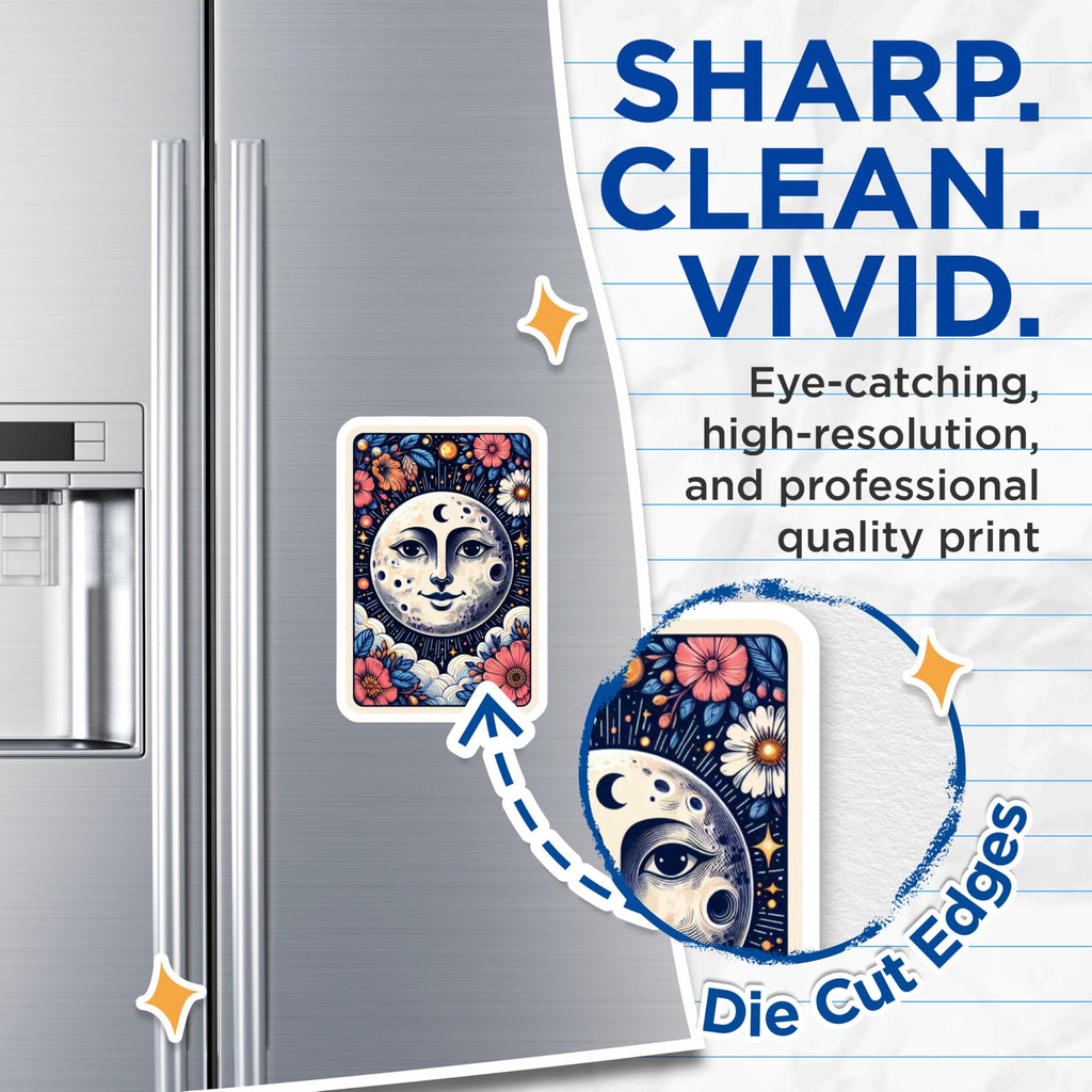 (2 Pack) Celestial Moon Face Magnets - Whimsical Floral Cosmic Kitchen Decor - Tarot Card Style Spiritual Lunar Fridge Art - 5 Inches On Longest Side - Thick Durable Magnet - Made in USA - MAG21755