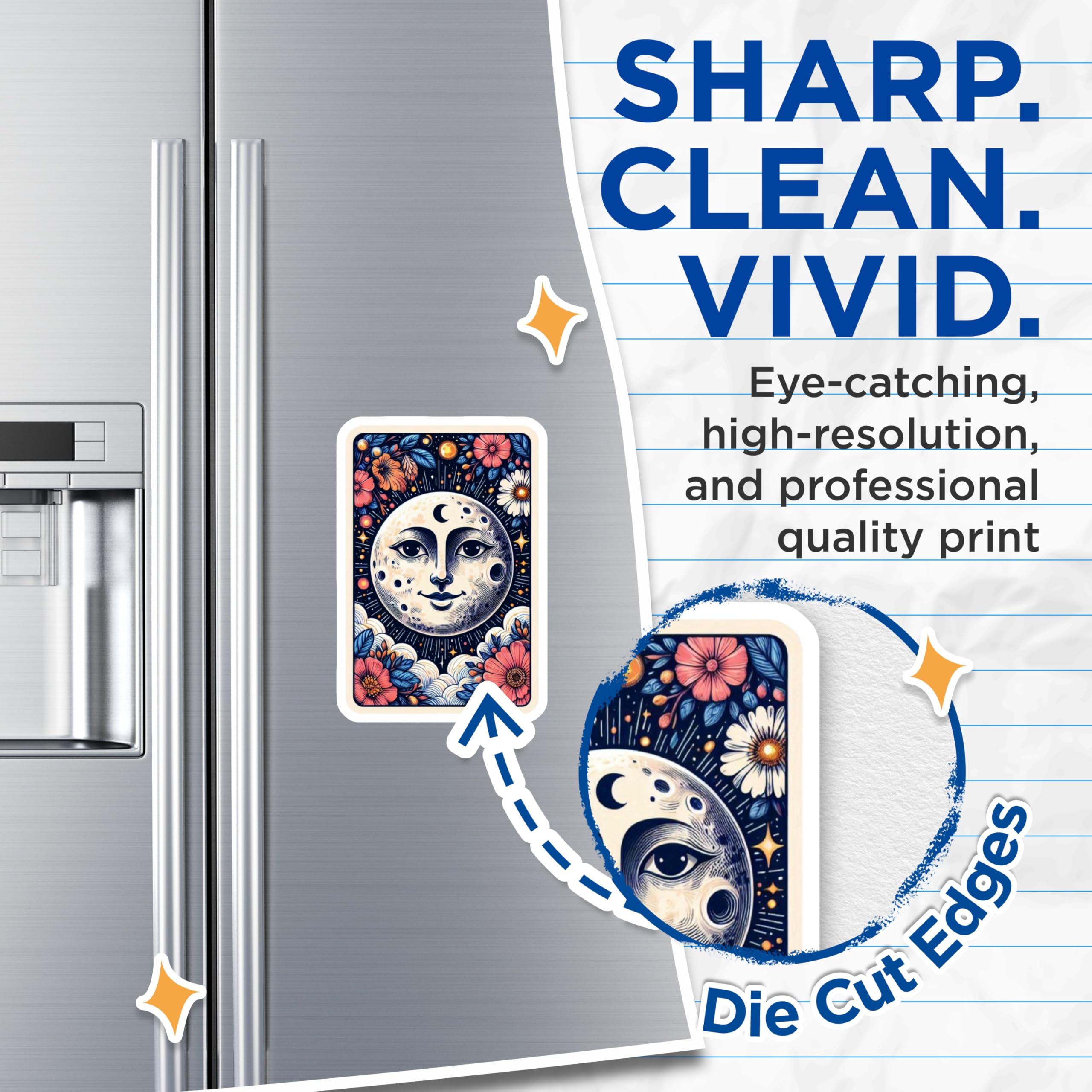 (2 Pack) Celestial Moon Face Magnets - Whimsical Floral Cosmic Kitchen Decor - Tarot Card Style Spiritual Lunar Fridge Art - 5 Inches On Longest Side - Thick Durable Magnet - Made in USA - MAG21755