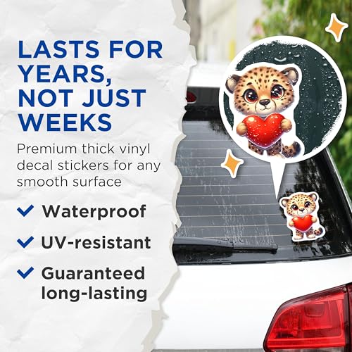 (2 Pack) Cute Leopard Holding Heart Stickers - Animal Love Stickers - Adorable Animal Decals - 5" On Longest Side - Sticks to Smooth Flat Surfaces - Made in USA - BMCS3645