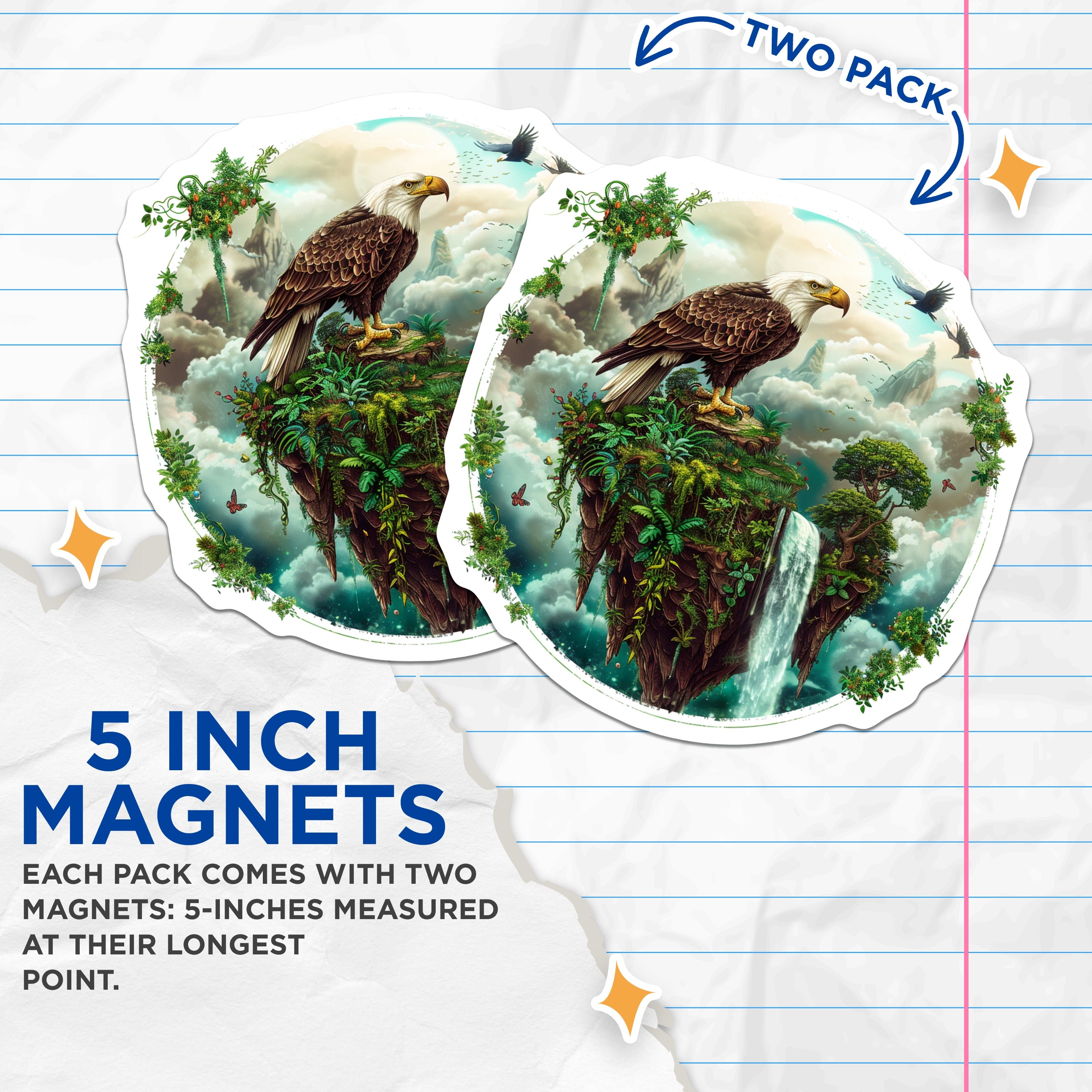 (2 Pack) Majestic Bald Eagle Magnets - Fantasy Floating Island Art - Wildlife Nature Scene Decor for Fridge - 5 Inches On Longest Side - Thick Durable Magnet - Made in USA - MAG37462