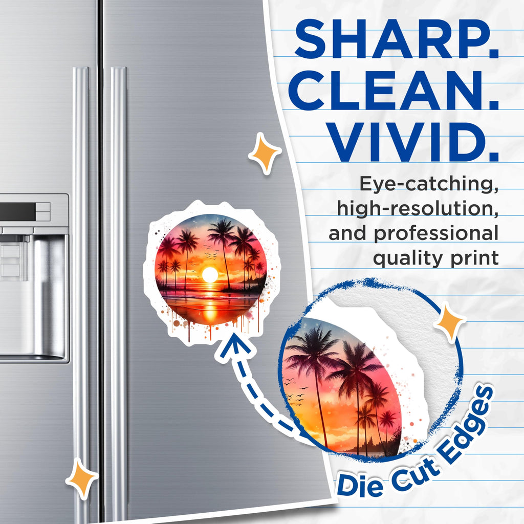 (2 Pack) Sunset Beach Magnets - Palm Tree Scene Fridge Magnets - Ocean View Home Decor - 5" On Longest Side - Premium Magnet - for Cars, Refrigerators, Toolboxes, Lockers - Made in USA - MAG15710
