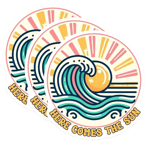 (3 Pack) Here Comes The Sun Decals - Sunny Vibes - Ocean Wave Stickers- 3 Inches On Longest Side - Easy Peel & Apply - Made in USA - 3MCS5012