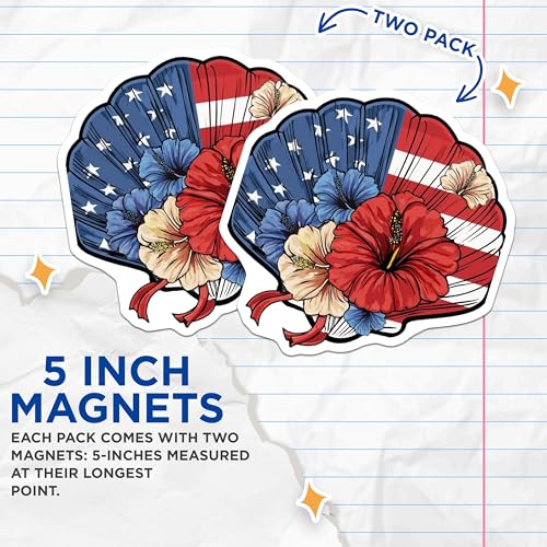 (2 Pack) American Flag Floral Magnets Magnets - Patriotic Hibiscus Art - Red White Blue Decoration - 5" On Longest Side - Made in USA - Sticks to Refrigerators & Metal Surfaces - MAG8979