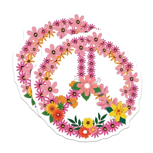 (2 Pack) Peace Sign Flower Stickers - Hippie Floral Stickers - Retro Flower Power Decals - 5" On Longest Side - Sticks to Smooth Flat Surfaces - Made in USA - BMCS4703