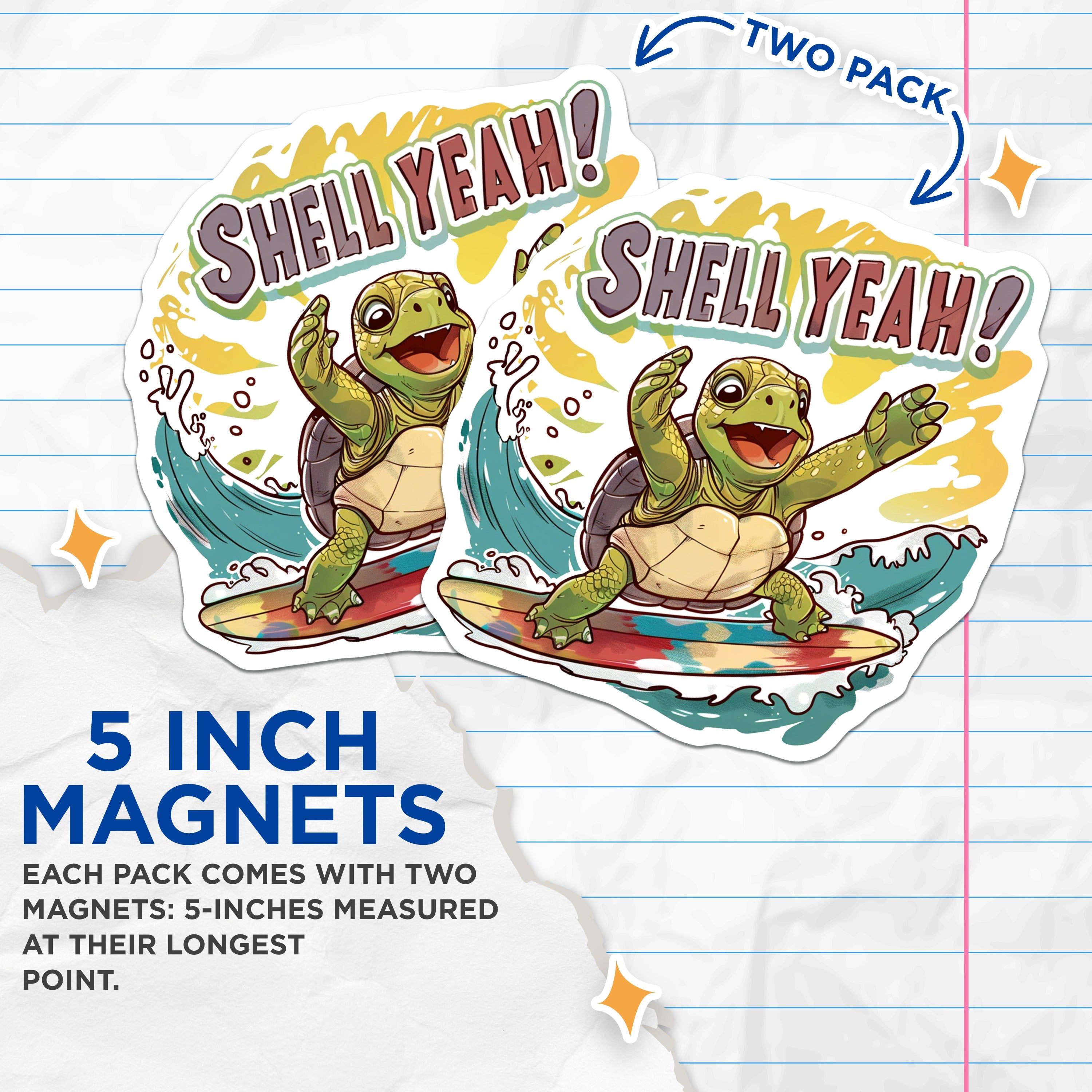 (2 Pack) Surfing Turtle Magnets - Funny Ocean Lover - Shell Yeah Cute Animal Pun - 5 Inches On Longest Side - Thick Durable Magnet - Made in USA - MAG38195
