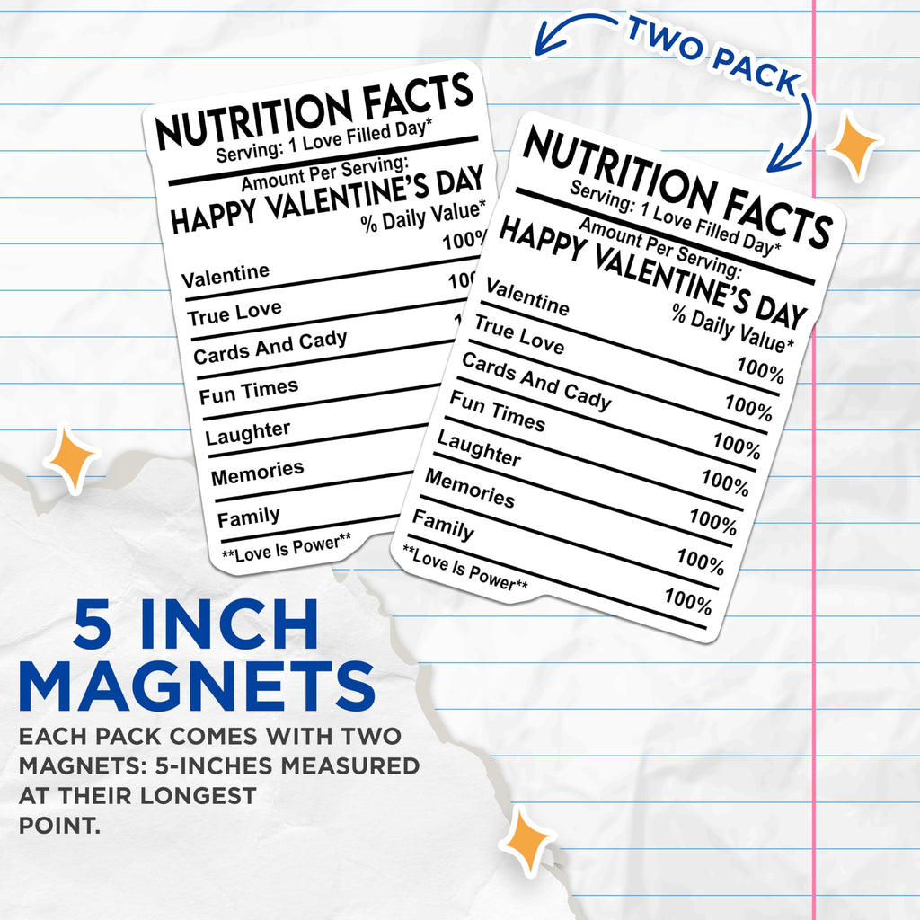 (2 Pack) Valentine's Day Magnets - Funny Nutrition Facts - Love and Laughter Decor Magnets - 5" On Longest Side - Premium Magnet - for Cars, Refrigerators, Toolboxes, Lockers - Made in USA - MAG14989