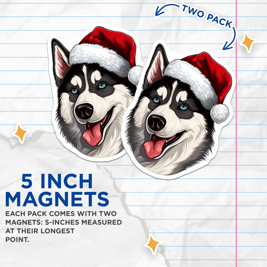 (2 Pack) Husky Christmas Magnets - Santa Dog Holiday Decor - Pet Lover Refrigerator Decor - 5 Inches On Longest Side - Thick Durable Magnet - Made in USA - MAG30400