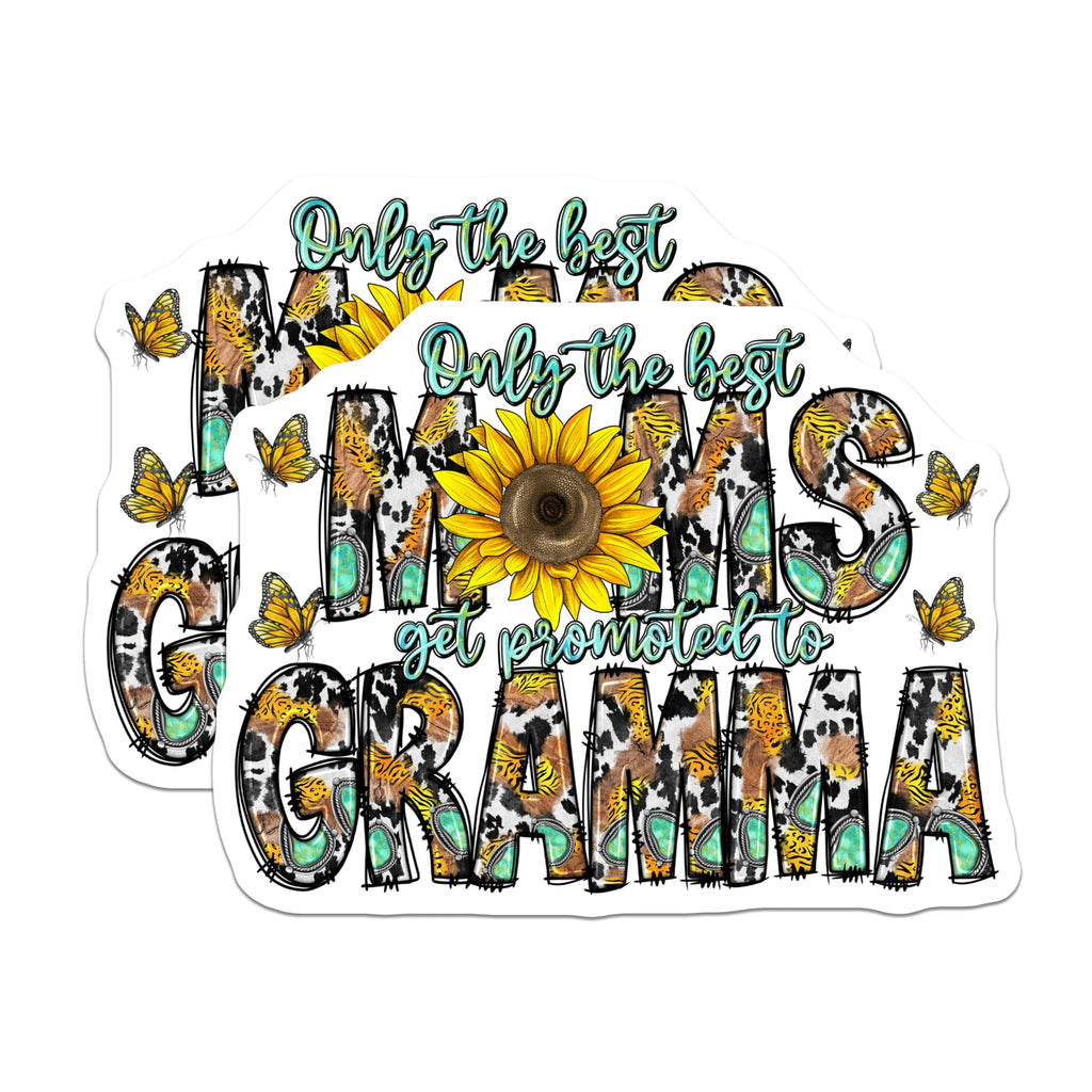 (2 Pack) Promoted to Grandma Magnets - Western Style Sunflower Cow Print - New Grandparent Announcement Mother's Day - 5 Inches On Longest Side - Thick Durable Magnet - Made in USA - MAG26855