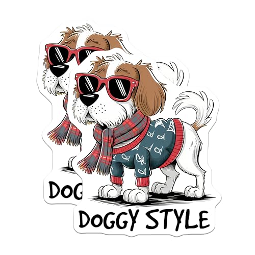 (2 Pack) Doggy Style Stickers - Cute Dog with Sunglasses - Animal Lover Pack - 5" On Longest Side - Sticks to Smooth Flat Surfaces - Made in USA - BMCS7628