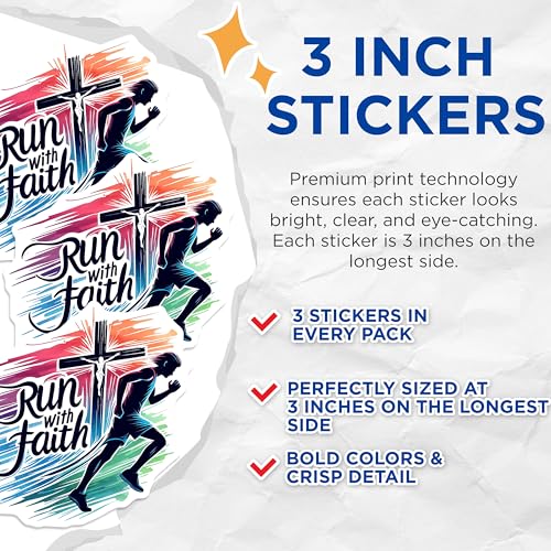 (3 Pack) Run with Faith Decals - Christian Runner Stickers - Inspirational Decals - 3 Inches On Longest Side - Easy Peel & Apply - Made in USA - 3MCS8401