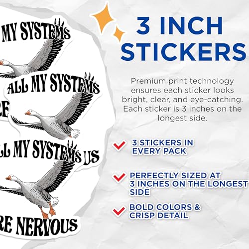 (3 Pack) Nervous Goose Decals - Funny Laptop Decal - Anxious Systems - 3 Inches On Longest Side - Easy Peel & Apply - Made in USA - 3MCS6431