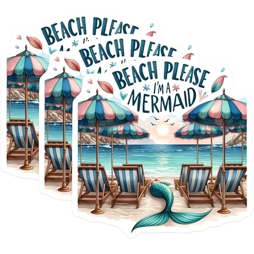 (3 Pack) Mermaid Decals - Beach Please - Ocean Lover Stickers - 3 Inches On Longest Side - Easy Peel & Apply - Made in USA - 3MCS8044