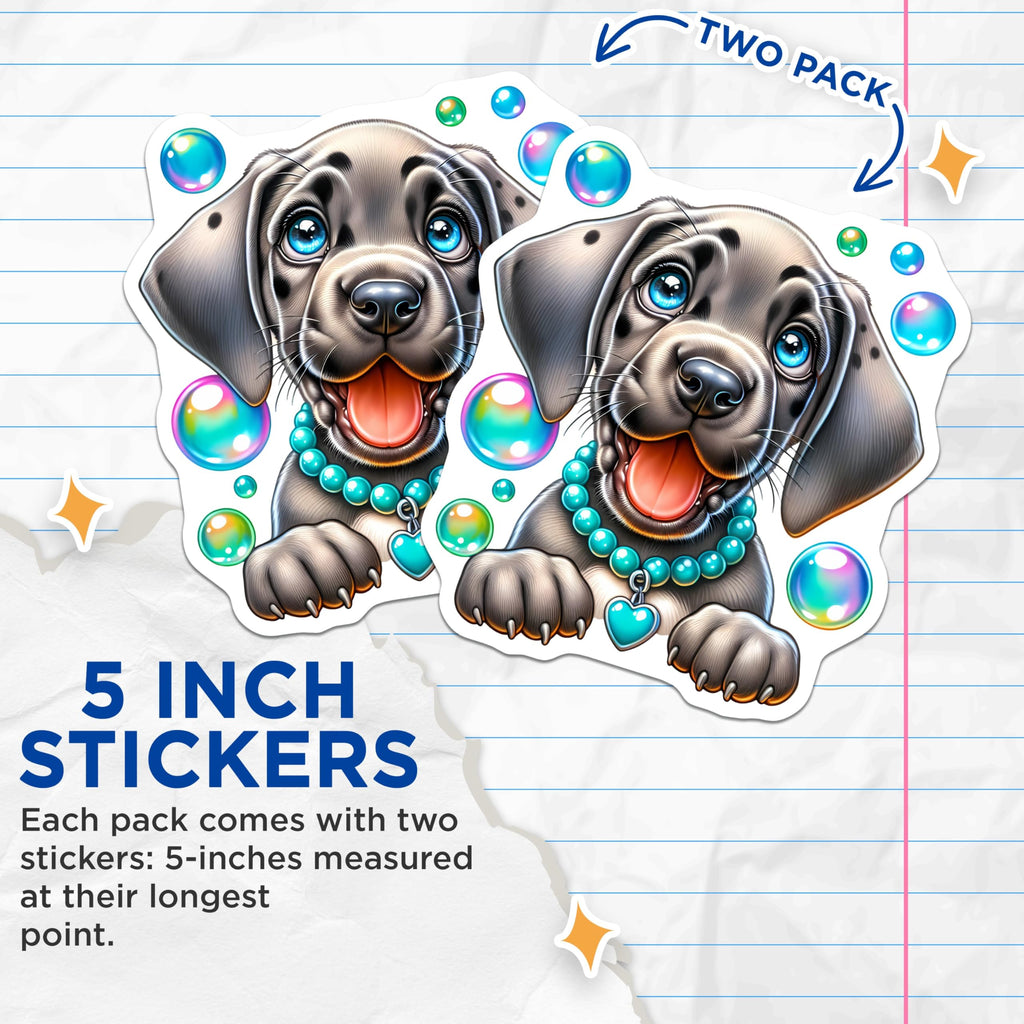 (2 Pack) Cute Puppy Stickers - Cartoon Dog Art - Fun Bubble Designs - 5" On Longest Side - Sticks to Smooth Flat Surfaces - Made in USA - BMCS9625