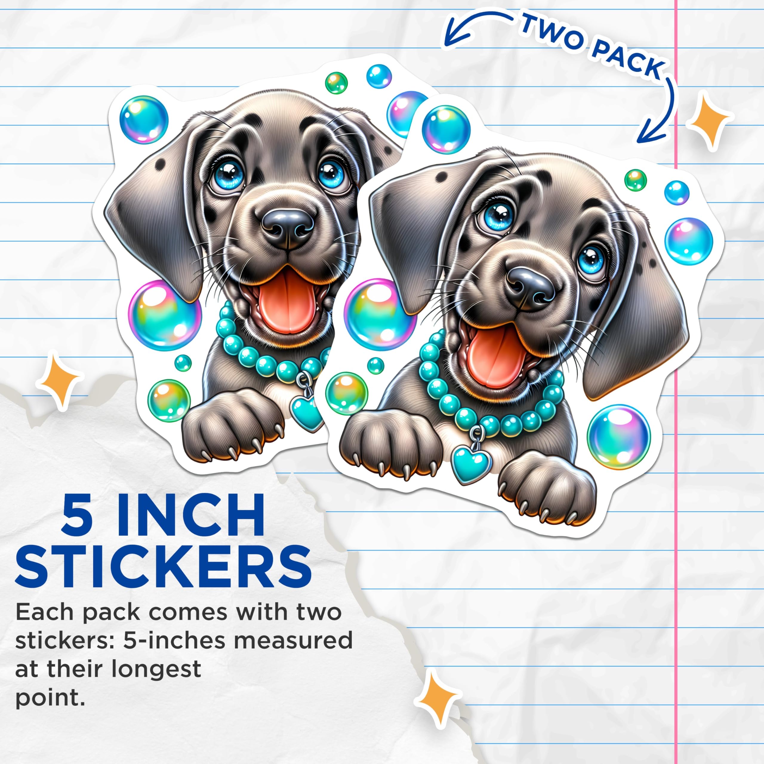 (2 Pack) Cute Puppy Stickers - Cartoon Dog Art - Fun Bubble Designs - 5" On Longest Side - Sticks to Smooth Flat Surfaces - Made in USA - BMCS9625