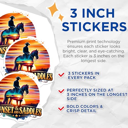 (3 Pack) Cowboy Sunset Decals - Western Horse Decal - Rodeo Laptop Decals- 3 Inches On Longest Side - Easy Peel & Apply - Made in USA - 3MCS5761