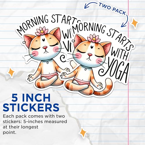 (2 Packs) Morning Starts with Yoga Cat Meditating Meditation Stickers - Zen Cat Decals - 5 Inches On Longest Side - Premium Vinyl Decal - Sticks to Any Smooth Flat Surface - Made in USA - BMCS2421