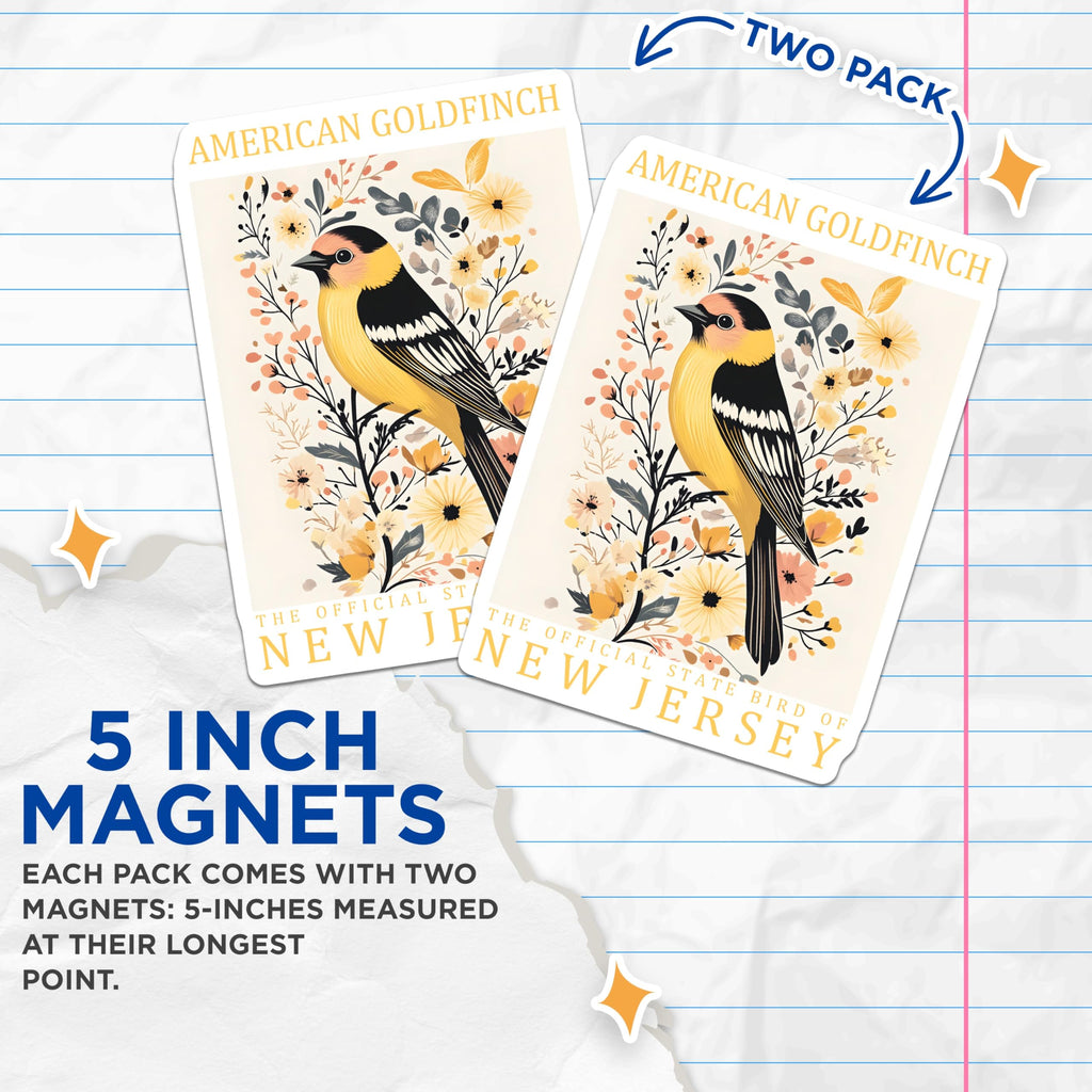 (2 Pack) Goldfinch Bird Magnets - New Jersey State Bird - Bird Lover Fridge Decor - 5" On Longest Side - Premium Magnet - for Cars, Refrigerators, Toolboxes, Lockers - Made in USA - MAG17481