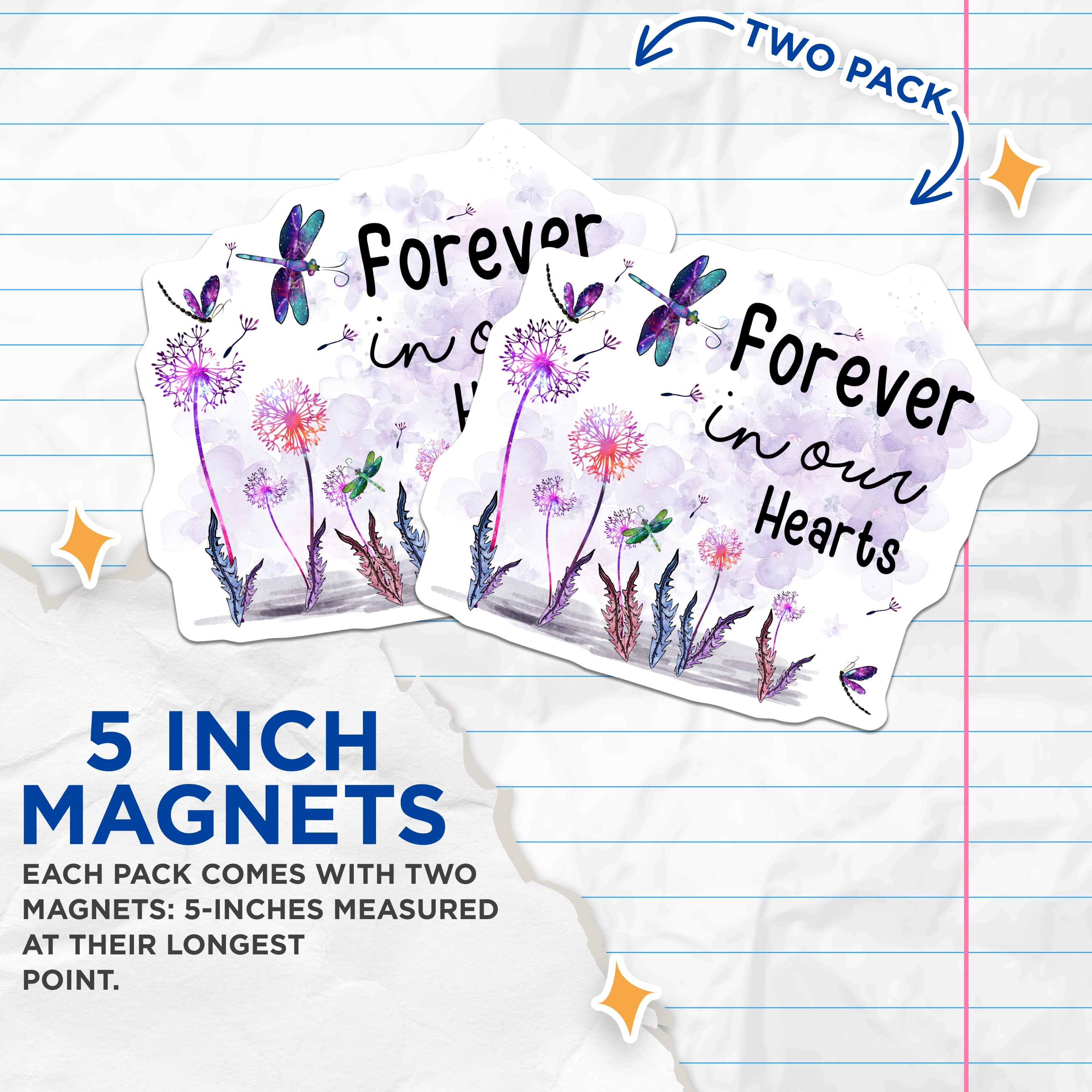 (2 Pack) Forever in Our Hearts Magnets - Memorial Dragonfly Decor - Sympathy Keepsake Magnet - 5 Inches On Longest Side - Thick Durable Magnet - Made in USA - MAG38883