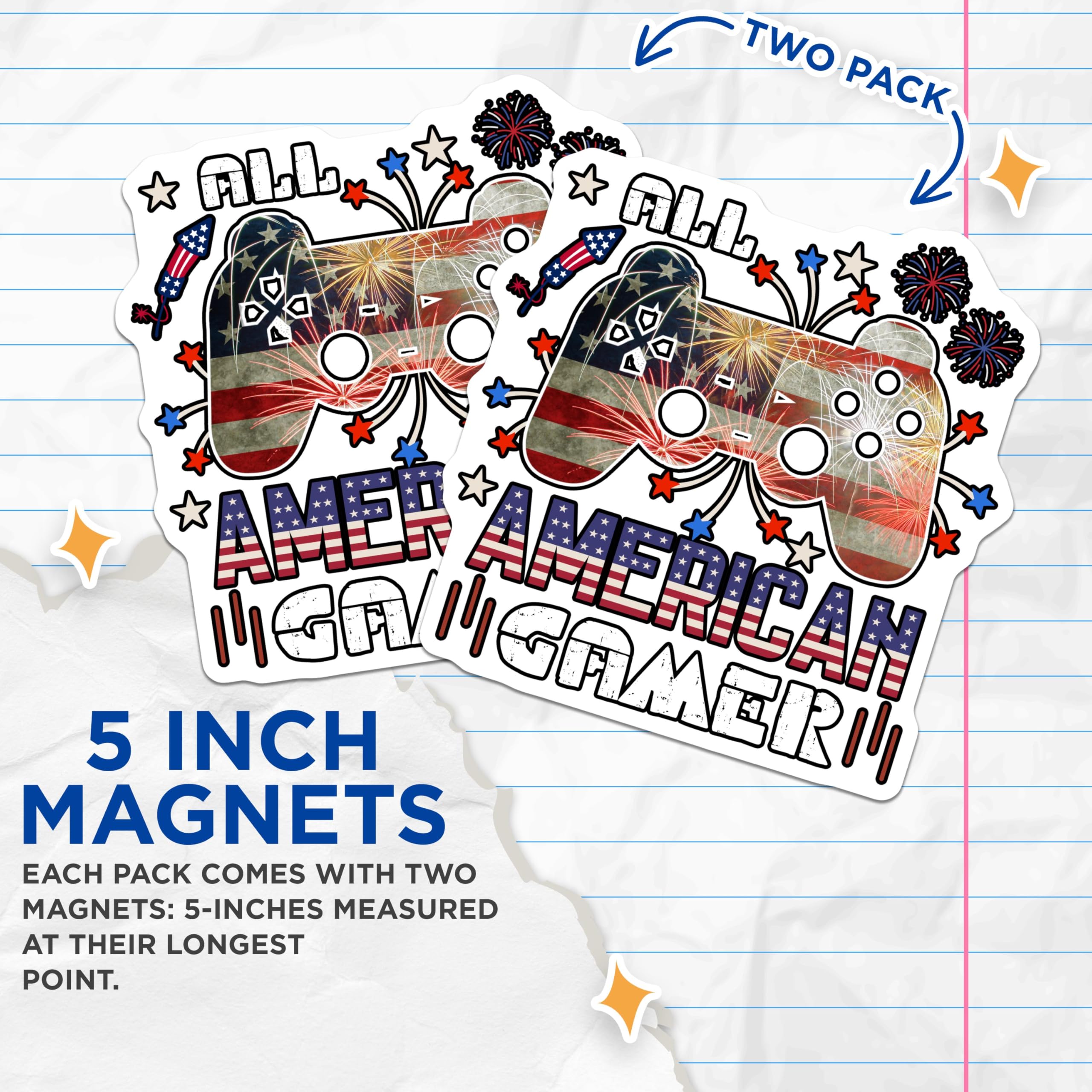 (2 Pack) All American Gamer Magnets - Patriotic Gaming Magnets - Fourth of July Gamer Magnets - 5" On Longest Side - for Cars, Refrigerators, Toolboxes, Lockers - Made in USA BMCS3096