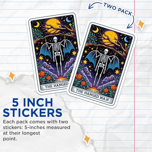 (2 Pack) Tarot Card Stickers - Skeleton Stickers - The Hanged Man Stickers - 5" On Longest Side - Sticks to Smooth Flat Surfaces - Made in USA - BMCS5424