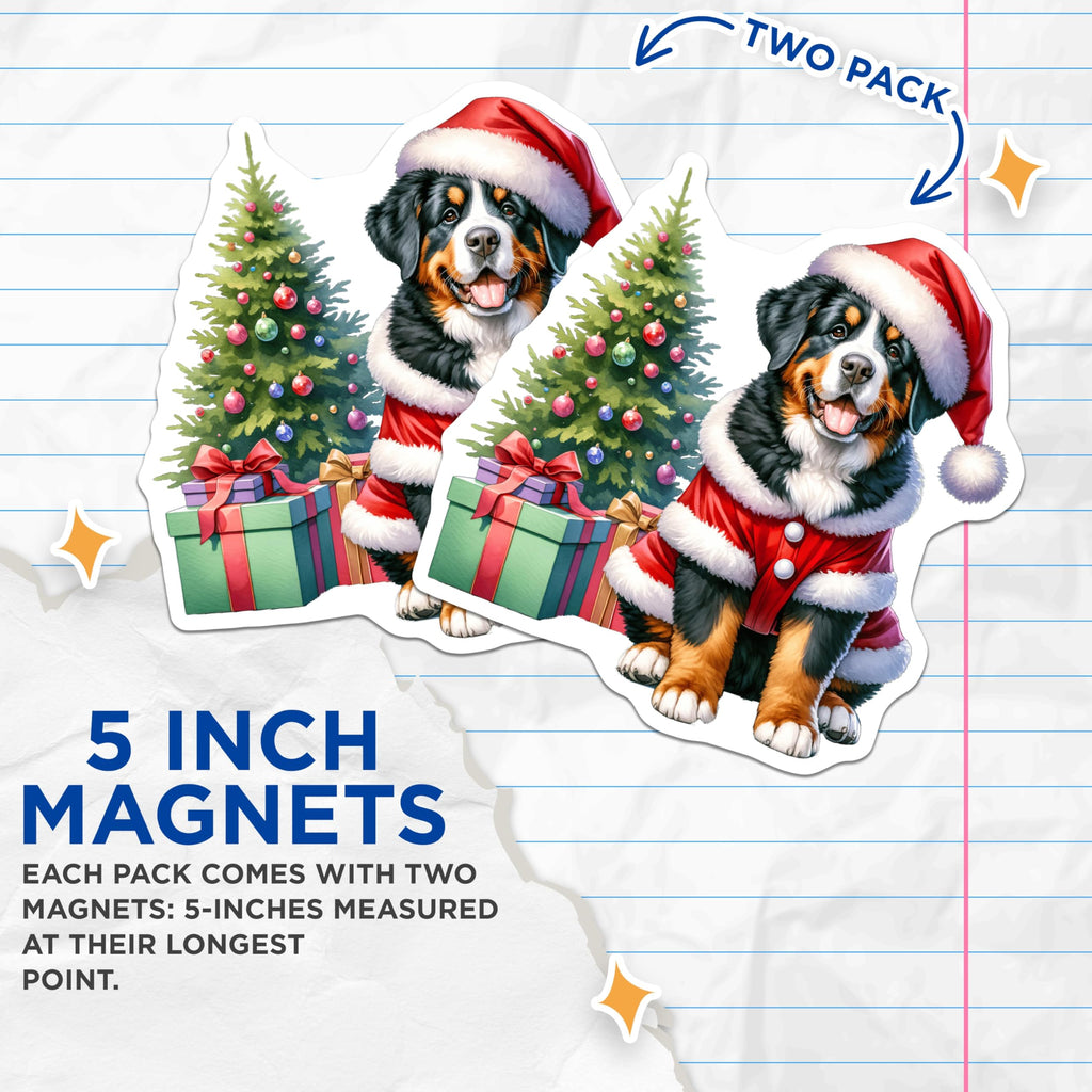 (2 Pack) Bernese Mountain Dog Magnets - Christmas Dog Decor - Santa Puppy Refrigerator Art - Pet Lover Winter - 5 Inches On Longest Side - Thick Durable Magnet - Made in USA - MAG25392
