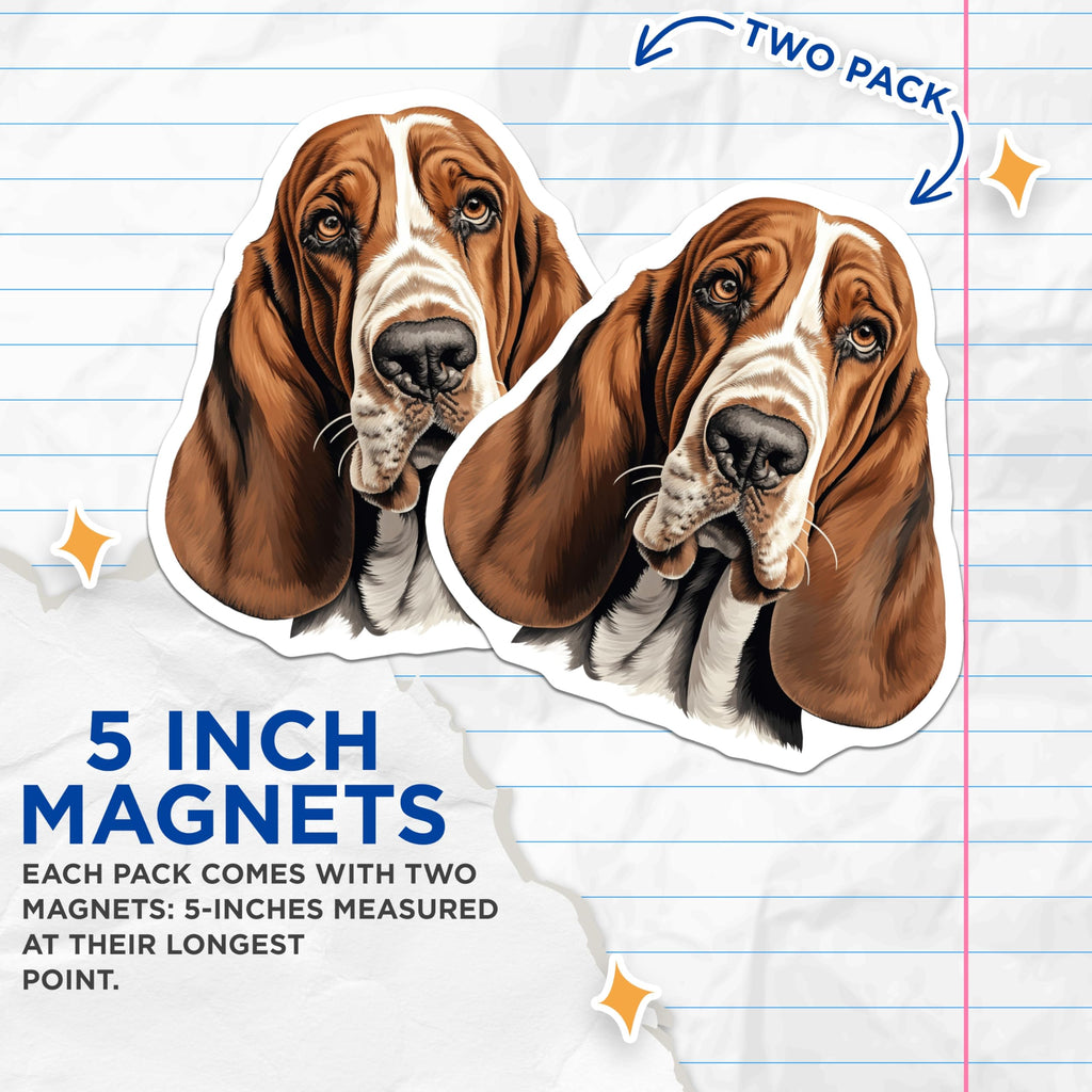 (2 Pack) Basset Hound Dog Magnets - Dog Lover Accessories - Pet Parent Refrigerator Decor - 5 Inches On Longest Side - Thick Durable Magnet - Made in USA - MAG26746