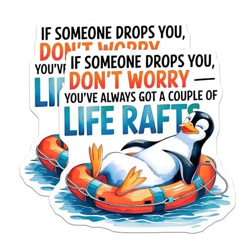 (2 Pack) Funny Penguin Stickers - Life Raft Humorous Saying - Waterproof Outdoor Decal - 5" On Longest Side - Sticks to Smooth Flat Surfaces - Made in USA - BMCS6072
