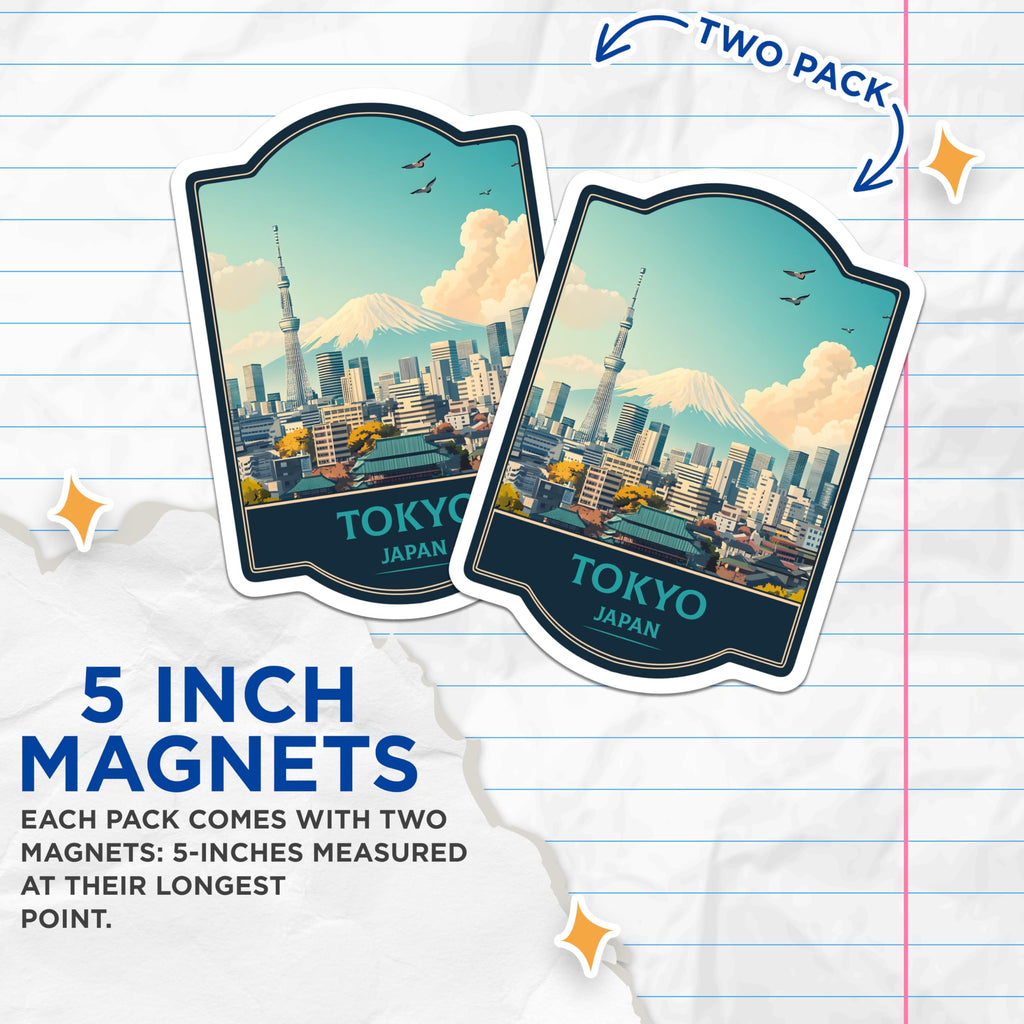 (2 Pack) Tokyo Skytree Magnets - Mount Fuji Decor - Japanese Cityscape Art - Japan Travel Souvenir - 5 Inches On Longest Side - Thick Durable Magnet - Made in USA - MAG22981