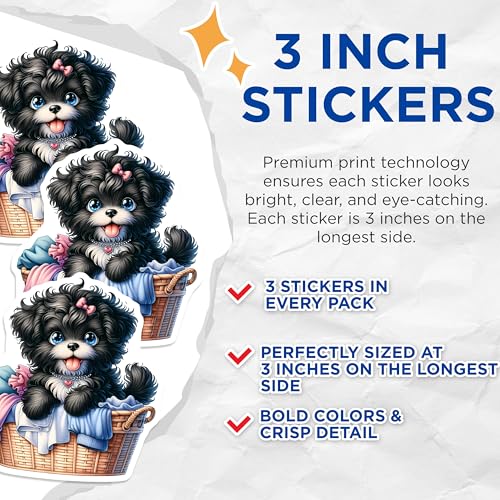 (3 Pack) Puppy Laundry Decals - Cute Dog Stickers - Laptop Water Bottle Decals - 3 Inches On Longest Side - Easy Peel & Apply - Made in USA - 3MCS8176