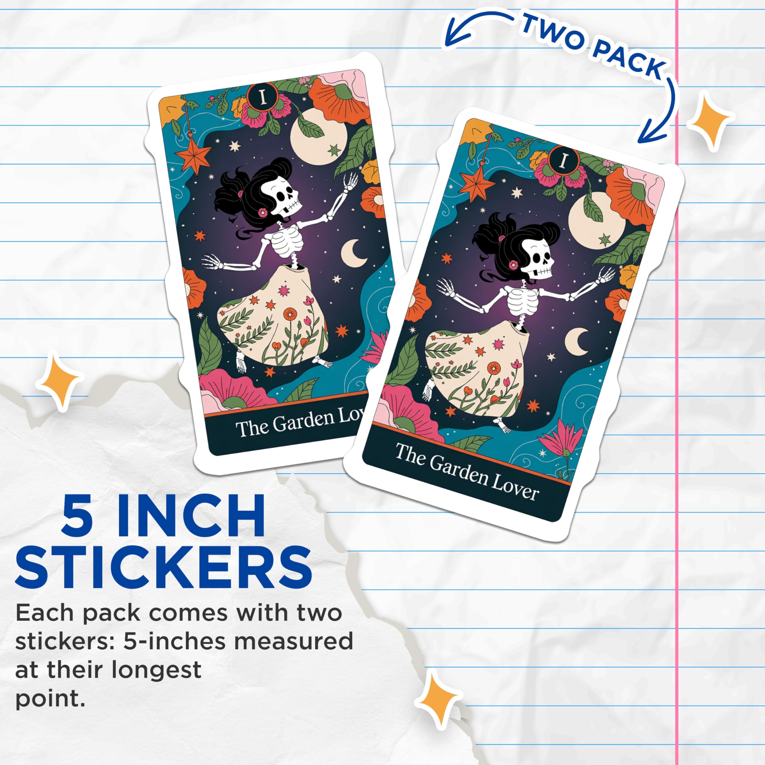 (2 Pack) Garden Lover Skeleton Stickers - Floral Night Moon - Whimsical Flower Skulls - 5" On Longest Side - Sticks to Smooth Flat Surfaces - Made in USA - BMCS21169