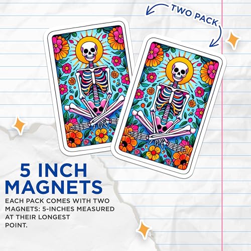 (2 Pack) Skull Flower Design Magnet - Vibrant Day of The Dead Decor - 5" On Longest Side - Sticks to Smooth Flat Surfaces - Made in USA - MAG9411