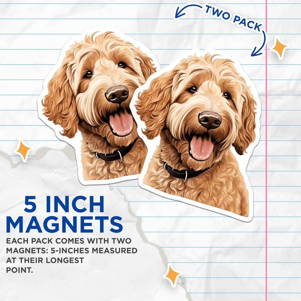 (2 Pack) Goldendoodle Dog Magnets - Happy Doodle Pet Decor - Dog Mom Fridge Accessory - Animal Lover Locker Magnet - 5 Inches On Longest Side - Thick Durable Magnet - Made in USA - MAG27878