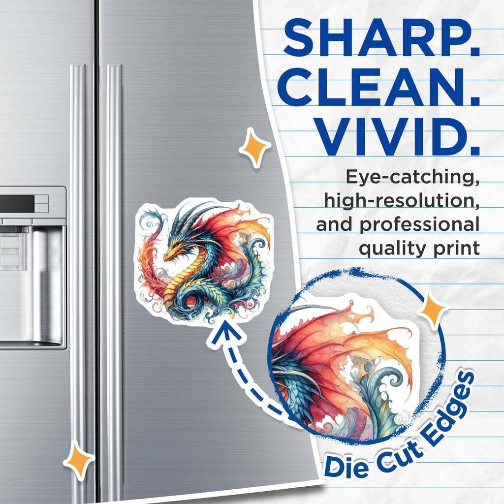 (2 Pack) Majestic Watercolor Dragon Magnets - Fantasy Art Fridge Decor - Mythical Creature Accent - 5 Inches On Longest Side - Thick Durable Magnet - Made in USA - MAG38621