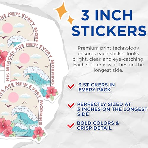 (3 Pack) His Mercies are New Every Morning Decals - Bible Verse Sticker - Wave Art Laptop Decal - 3 Inches On Longest Side - Easy Peel & Apply - Made in USA - 3MCS2857